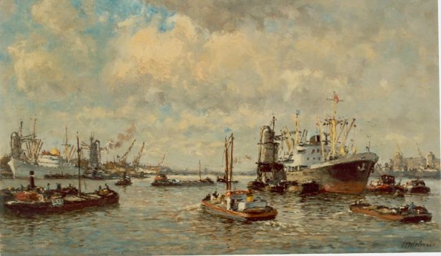 Joop Molenaar | Bedrijvigheid in de Rotterdamse haven, olieverf op doek, 29,5 x 50,6 cm, gesigneerd r.o.