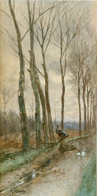 Anton Mauve | Houthakker op een boslaantje, aquarel op papier, 30,5 x 15,2 cm, gesigneerd l.o.