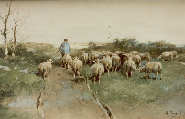 Anton Mauve | Herder met zijn kudde schapen, aquarel op papier, 31,5 x 52,0 cm, gesigneerd r.o.