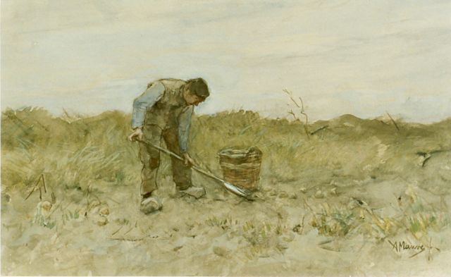 Anton Mauve | Boer rooit aardappels, aquarel op papier, 27,5 x 45,0 cm, gesigneerd r.o.