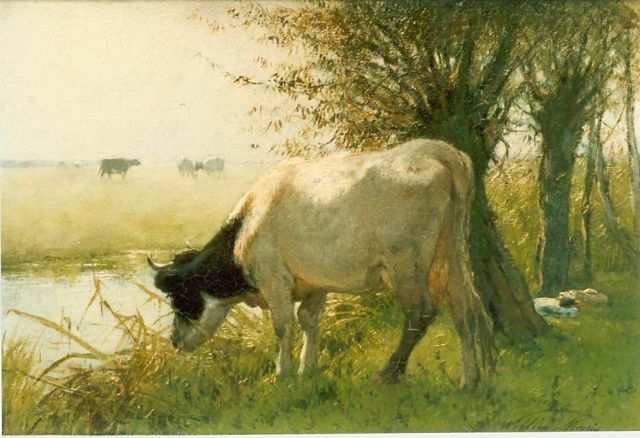 Willem Maris | Koe aan de waterkant, olieverf op paneel, 17,5 x 25,7 cm, gesigneerd r.o.