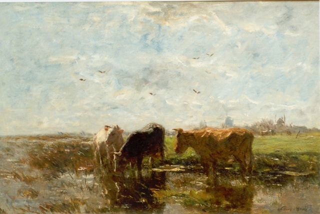 Willem Maris | Drinkende koeien in polderlandschap, olieverf op doek, 58,0 x 88,0 cm, gesigneerd r.o.