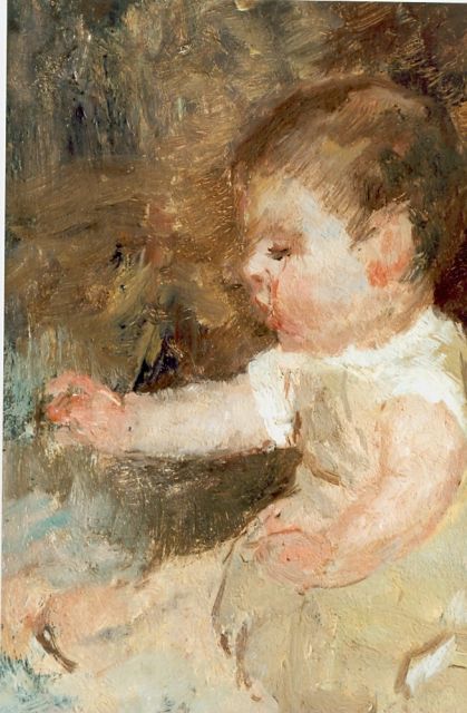 Jacob Maris | Portret van een baby, olieverf op paneel, 25,0 x 17,7 cm, gesigneerd r.o.