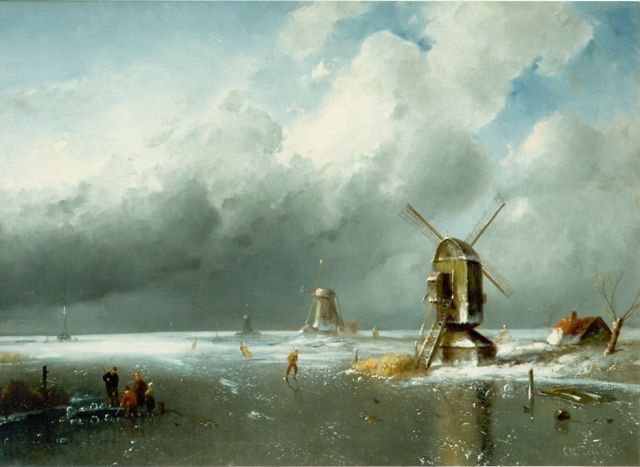 Charles Leickert | IJsgezicht met molens, olieverf op doek, 42,3 x 58,1 cm, gesigneerd r.o.