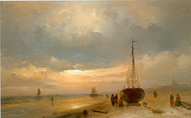 Charles Leickert | Strandgezicht bij ondergaande zon, olieverf op paneel, 17,3 x 29,8 cm, gesigneerd r.o.