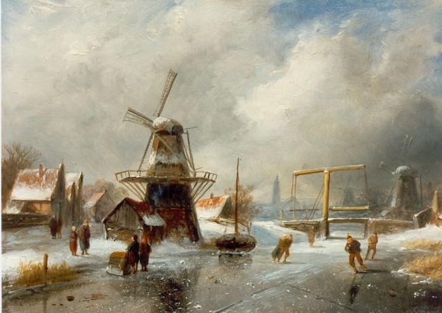 Charles Leickert | Winters gezicht op Overtoom Amsterdam, olieverf op paneel, 18,0 x 26,5 cm, gesigneerd r.o.
