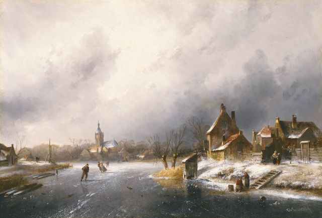 Charles Leickert | Winterlandschap, olieverf op doek, 45,0 x 65,5 cm, gesigneerd r.o.
