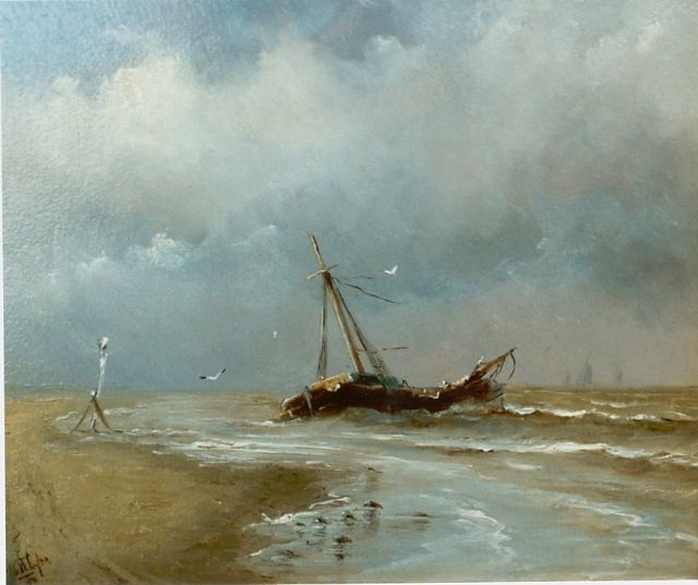 Gerard van der Laan | Een schipbreuk in de branding, olieverf op paneel, 15,0 x 17,7 cm, gesigneerd l.o. en gedateerd '80