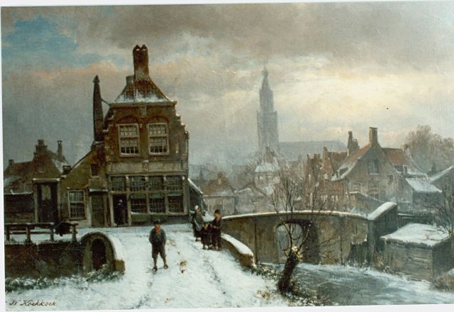 Willem Koekkoek | Gezicht op winterse dorpsgracht, olieverf op paneel, 37,0 x 56,0 cm, gesigneerd l.o.