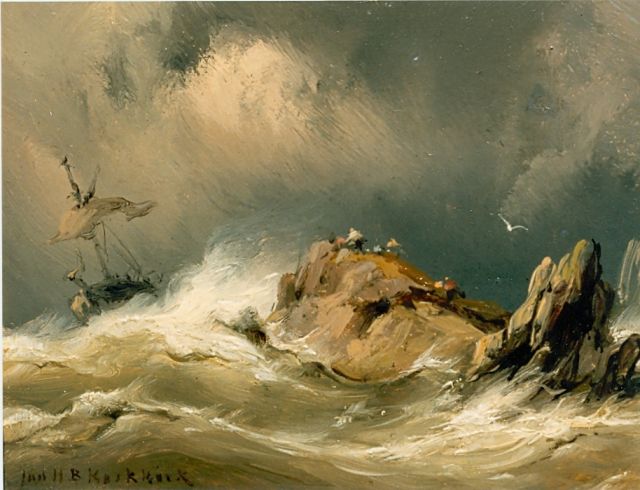 Jan H.B. Koekkoek | Schip op woeste zee, olieverf op paneel, 8,4 x 11,1 cm, gesigneerd l.o.