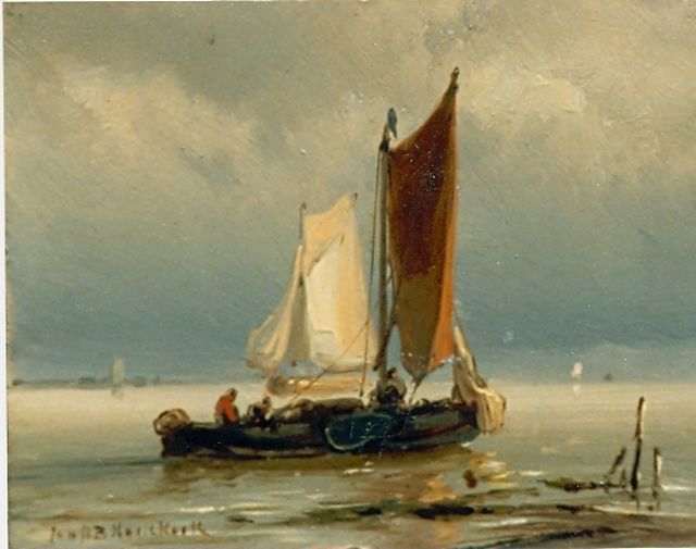 Jan H.B. Koekkoek | Zeilboten voor de wind, olieverf op paneel, 8,4 x 11,0 cm, gesigneerd l.o.