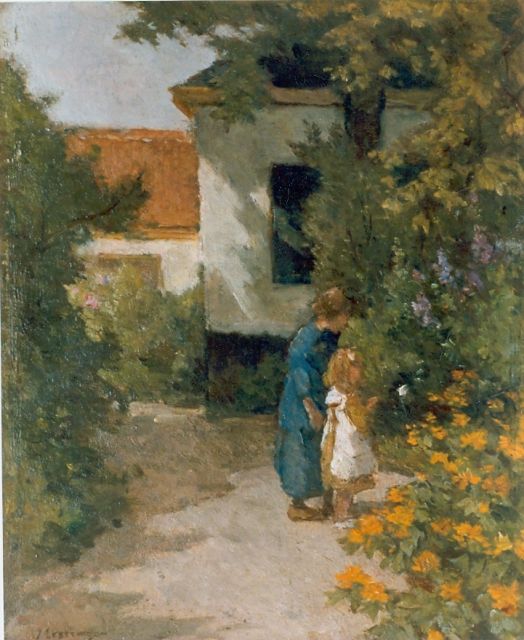 Johannes Evert Akkeringa | Twee meisjes in bloementuin, olieverf op doek op paneel, 28,3 x 23,0 cm, gesigneerd l.o.