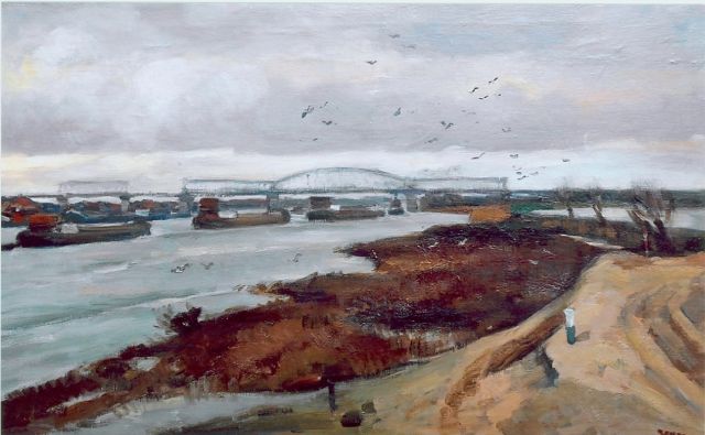 Cor Noltee | Rivier met brug, olieverf op doek