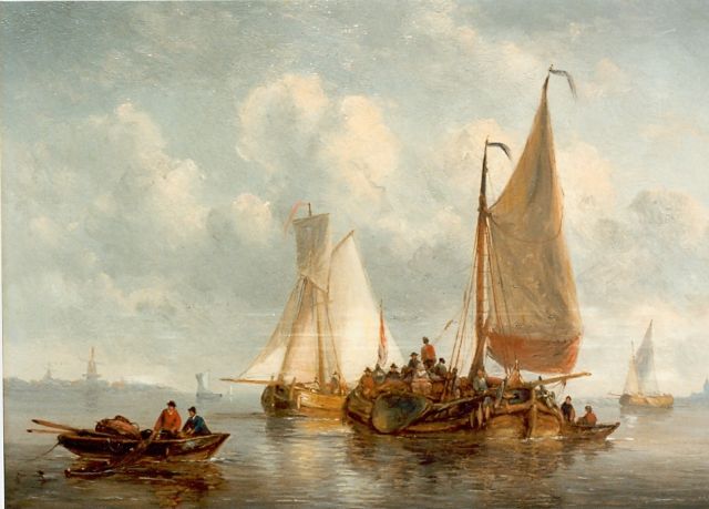 George Willem Opdenhoff | Bedrijvigheid op rustige zee, olieverf op paneel, 20,5 x 28,0 cm, gesigneerd r.o.