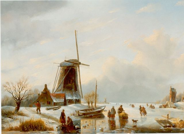 Mattias Parré | Winterlandschap met schaatsters bij molen, olieverf op paneel, 47,3 x 63,2 cm