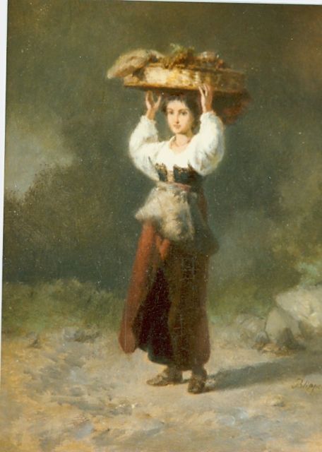 Philippeau K.F.  | Jonge vrouw met fruitmand op haar hoofd, olieverf op paneel 22,2 x 17,0 cm, gesigneerd r.o.