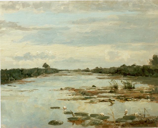 Pieters E.  | Een polderlandschap met waterlelies, olieverf op board 40,0 x 60,0 cm, gesigneerd r.o.