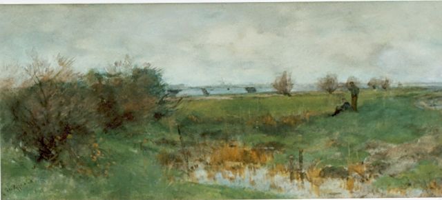 Geo Poggenbeek | Polderlandschap, aquarel op papier, 20,5 x 48,0 cm, gesigneerd l.o.