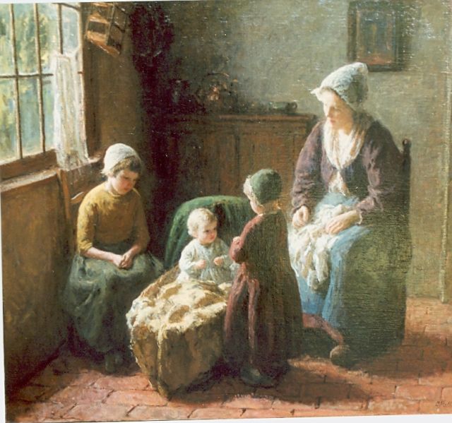 Pothast B.J.C.  | Interieur met moeder en drie zusjes, olieverf op doek 71,0 x 81,5 cm, gesigneerd r.o.