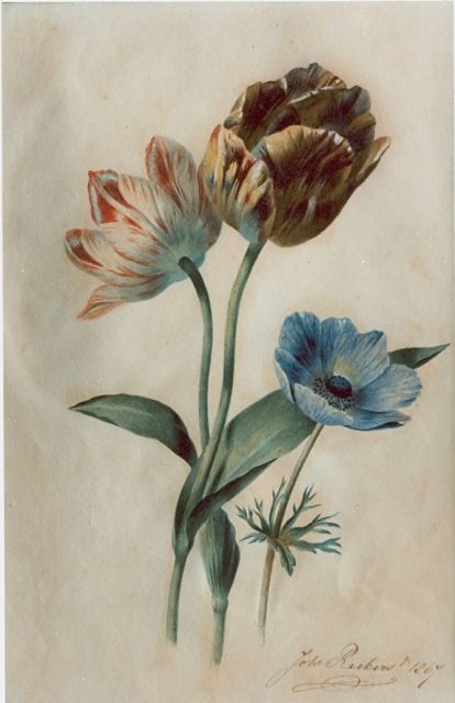 Johannes Reekers jr. | Stilleven van twee tulpen en blauwe anemoon, aquarel op papier, 36,4 x 24,1 cm, gesigneerd r.o. en gedateerd 1867