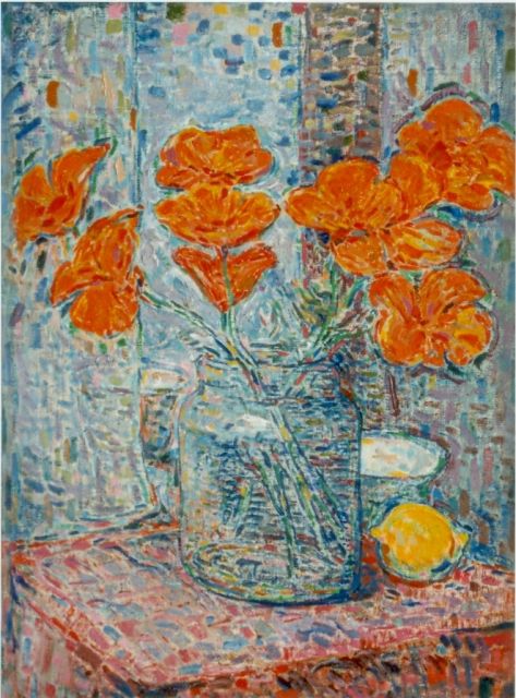 Nico van Rijn | Oranje bloemen in een vaas, olieverf op doek, 39,0 x 29,0 cm