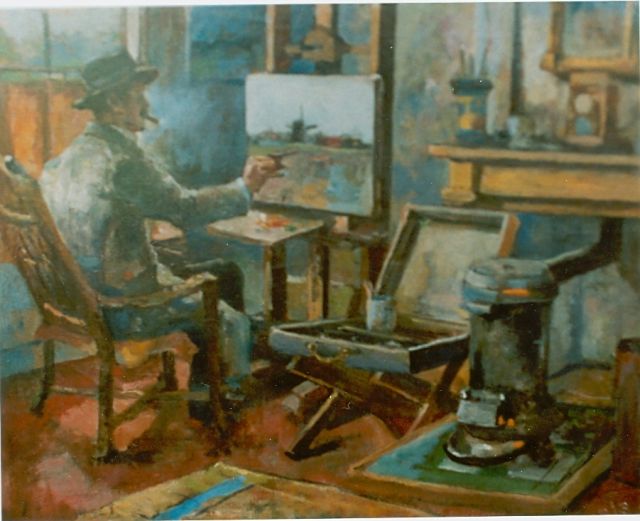 Adriaan de la Rivière | De schilder in zijn atelier, olieverf op doek, 44,7 x 55,0 cm, gesigneerd l.o.