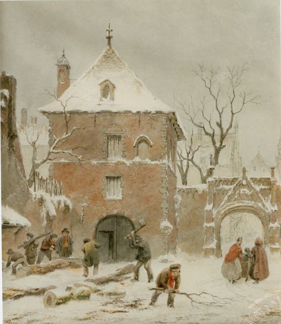 Hove B.J. van | Besneeuwd dorpje met houthakkers, aquarel op papier 25,5 x 22,5 cm, gesigneerd l.o.