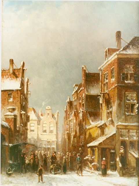 Petrus Gerardus Vertin | Winters dorpsgezicht met marktkraam en figuren, olieverf op paneel, 24,6 x 18,4 cm, gesigneerd l.o.