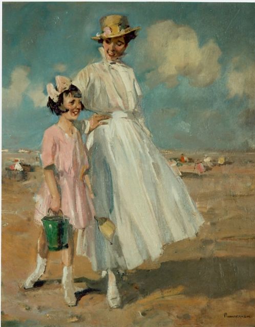 Piet van der Hem | Moeder en dochter flanerend over het strand, olieverf op doek, 79,0 x 65,5 cm, gesigneerd r.o.