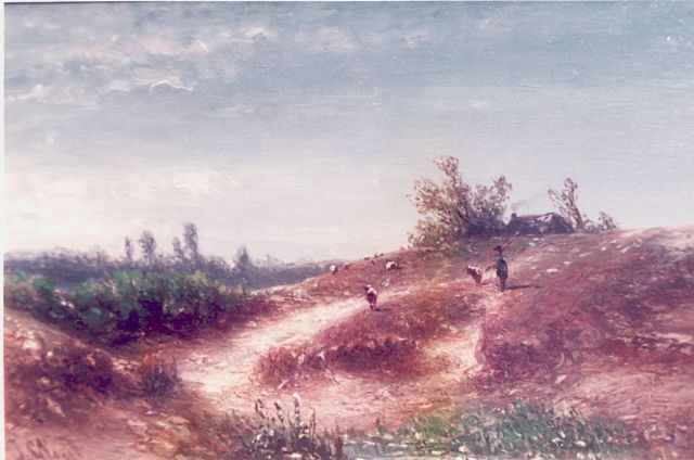 Johannes Gijsbert Vogel | Heidelandschap met schaapjes, olieverf op paneel, 20,7 x 32,0 cm, gesigneerd l.o.