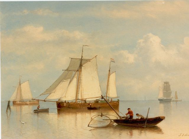 Johan Rust | Vissersboten op kalme zee, olieverf op paneel, 25,9 x 35,8 cm, gesigneerd r.o.