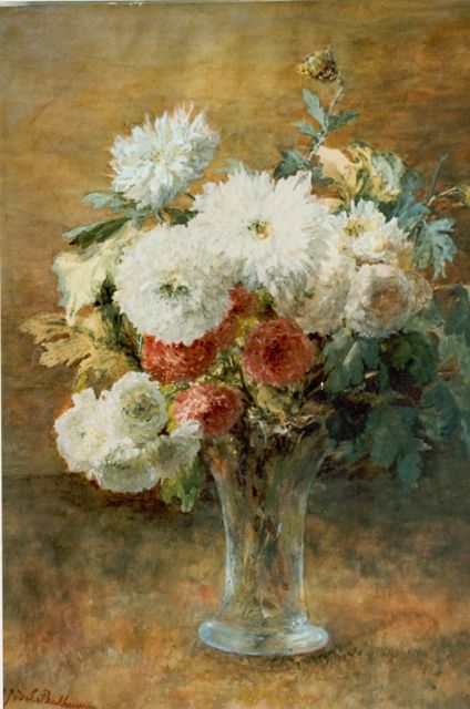 Gerardine van de Sande Bakhuyzen | Chrysanten en rozen in een glazen vaas, aquarel op papier, 52,5 x 37,5 cm, gesigneerd l.o.
