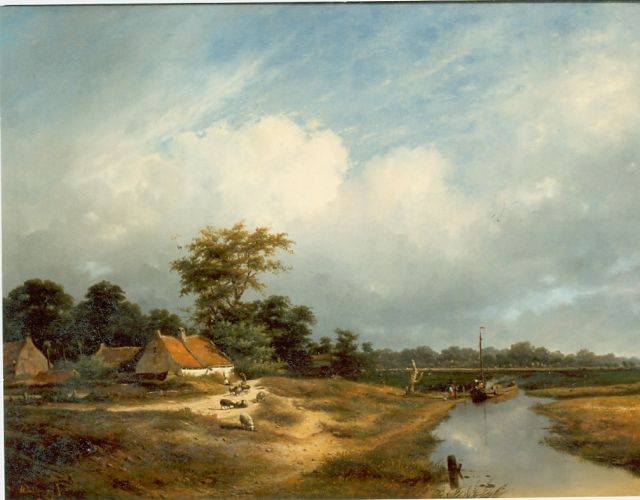 Sande Bakhuyzen H. van de | Landschap met boerderij aan water, olieverf op doek 74,2 x 100,0 cm, gesigneerd l.o. en gedateerd 1852