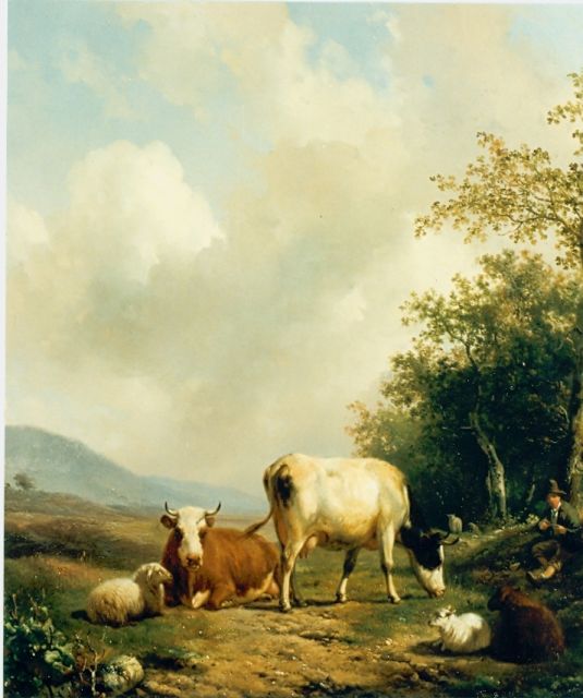Hendrikus van de Sande Bakhuyzen | Herder met zijn kudde, olieverf op paneel, 52,0 x 46,0 cm, gesigneerd l.o.