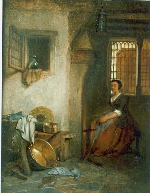 Hendricus Johannes Scheeres | Keukeninterieur met dienstmeisje, olieverf op paneel, 19,5 x 15,1 cm, gesigneerd r.o.