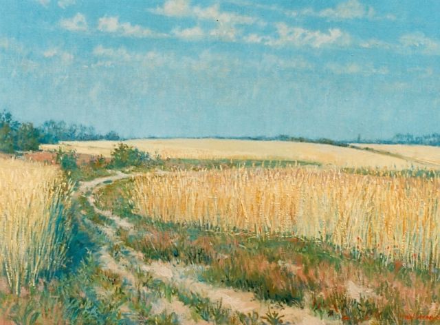 Jan Hendrik Verheijen | Weggetje door korenveld, olieverf op doek, 50,0 x 70,0 cm, gesigneerd r.o.