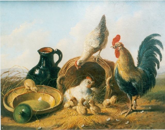 Albertus Verhoesen | Kippen familie bij keukengerei, olieverf op paneel, 15,0 x 19,0 cm, gesigneerd l.o.