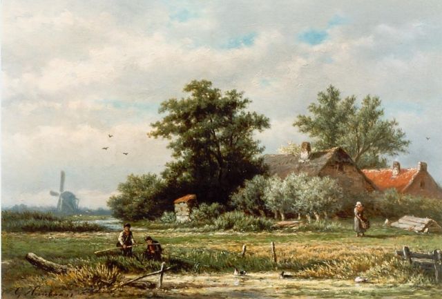 Georgius Heerebaart | Vissers bij boerensloot, olieverf op paneel, 25,0 x 35,0 cm, gesigneerd l.o.