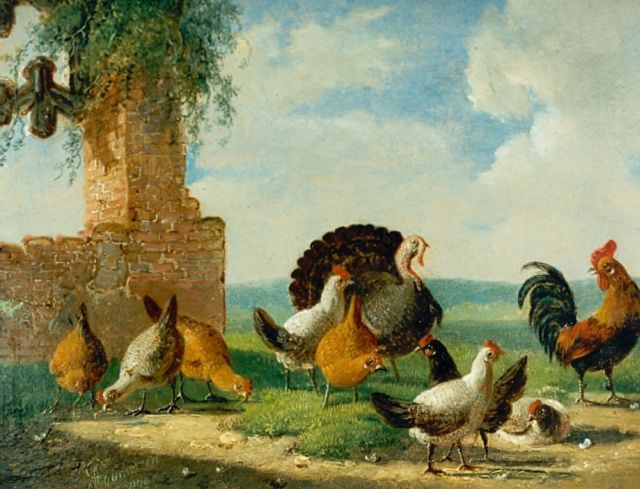 Albertus Verhoesen | Kippen en kalkoen op het erf, olieverf op paneel, 13,2 x 17,3 cm, gesigneerd l.o. en gedateerd 1874