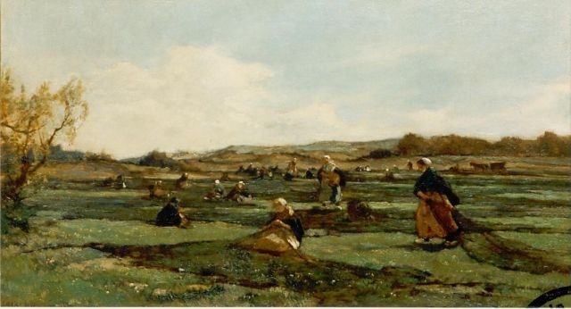 Johannes Evert Akkeringa | Nettenboetsters in de duinen, olieverf op doek, 46,0 x 80,0 cm, gesigneerd l.o.