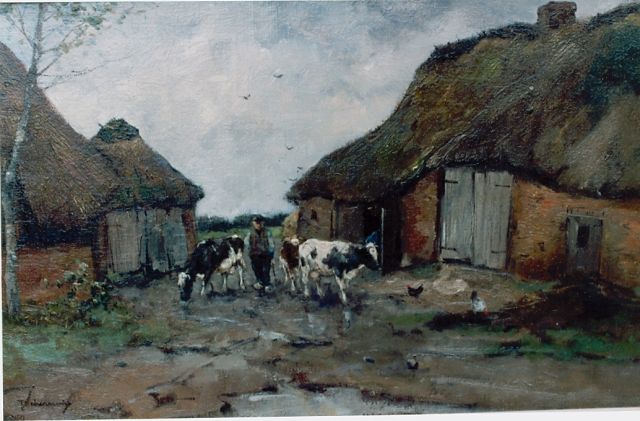 Johan Frederik Cornelis Scherrewitz | Boer met koeien op boerenerf te Heeze, olieverf op doek, 32,0 x 51,8 cm, gesigneerd l.o.