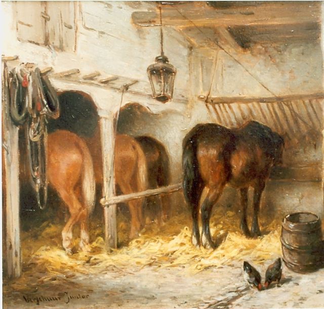Wouter Verschuur jr. | Paarden in de stal, olieverf op paneel, 15,0 x 20,0 cm, gesigneerd l.o.