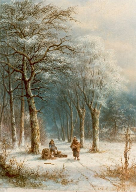 Schulman L.  | Houtsprokkelaars op winterse bosweg, olieverf op paneel 32,0 x 25,4 cm, gesigneerd r.o. en gedateerd 1885