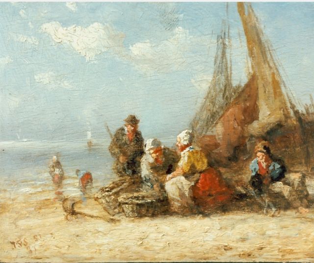 Jan Frederik Schütz | Vissers op het strand, olieverf op paneel, 10,0 x 12,4 cm, gesigneerd l.o. monogram en gedateerd '37