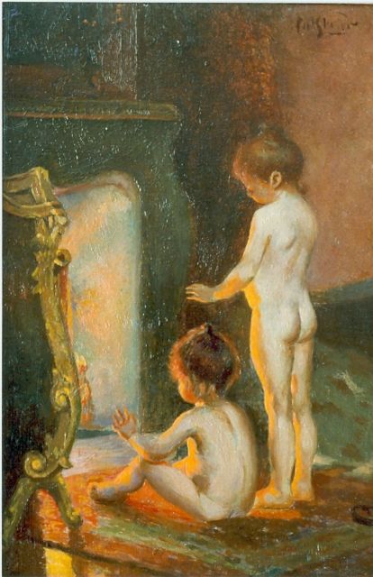 Frans Slager | Na het bad, olieverf op paneel, 23,3 x 16,9 cm, gesigneerd r.o.