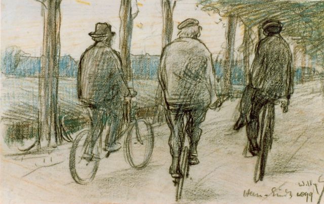 Willy Sluiter | Drie fietsers, tekening op papier, 19,0 x 32,0 cm, gesigneerd r.o.