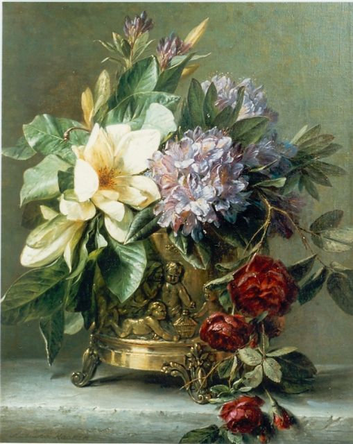 Adriana Haanen | Bloemen in een antieke koperen pot, olieverf op doek, 63,6 x 50,8 cm, gesigneerd l.o.