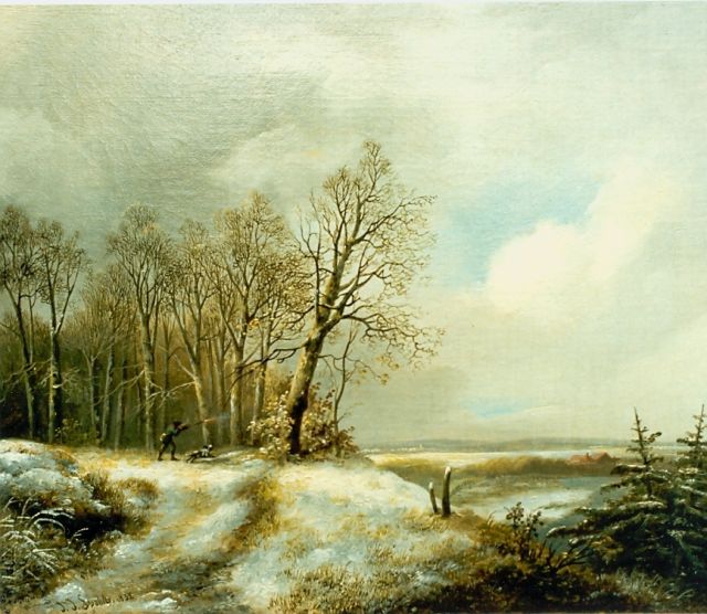 Jan Jacob Spohler | Het schot van de jager, olieverf op doek, 26,7 x 33,6 cm, gesigneerd l.o. en gedateerd 1835