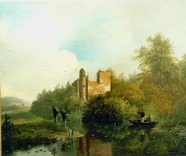 Jan Jacob Spohler | Hengelaars in een romantisch zomerlandschap, olieverf op doek, 26,7 x 33,7 cm, gesigneerd r.o. en gedateerd 1835