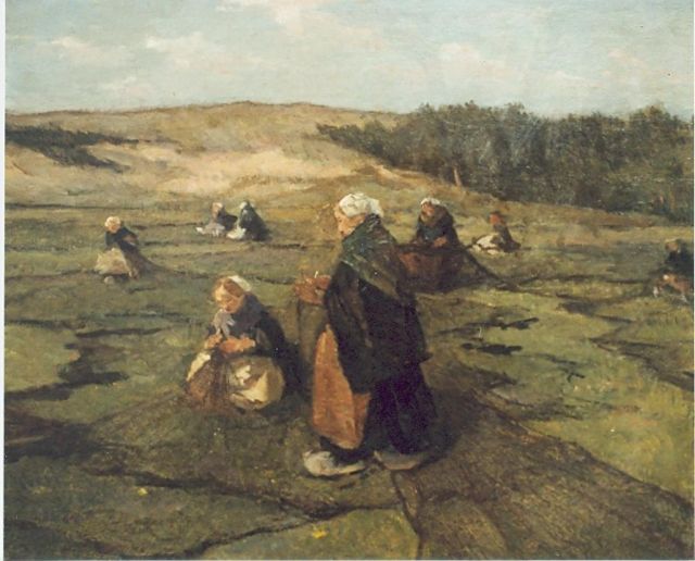 Johannes Evert Akkeringa | Nettenboetsters achter de duinen, olieverf op paneel, 47,0 x 58,0 cm